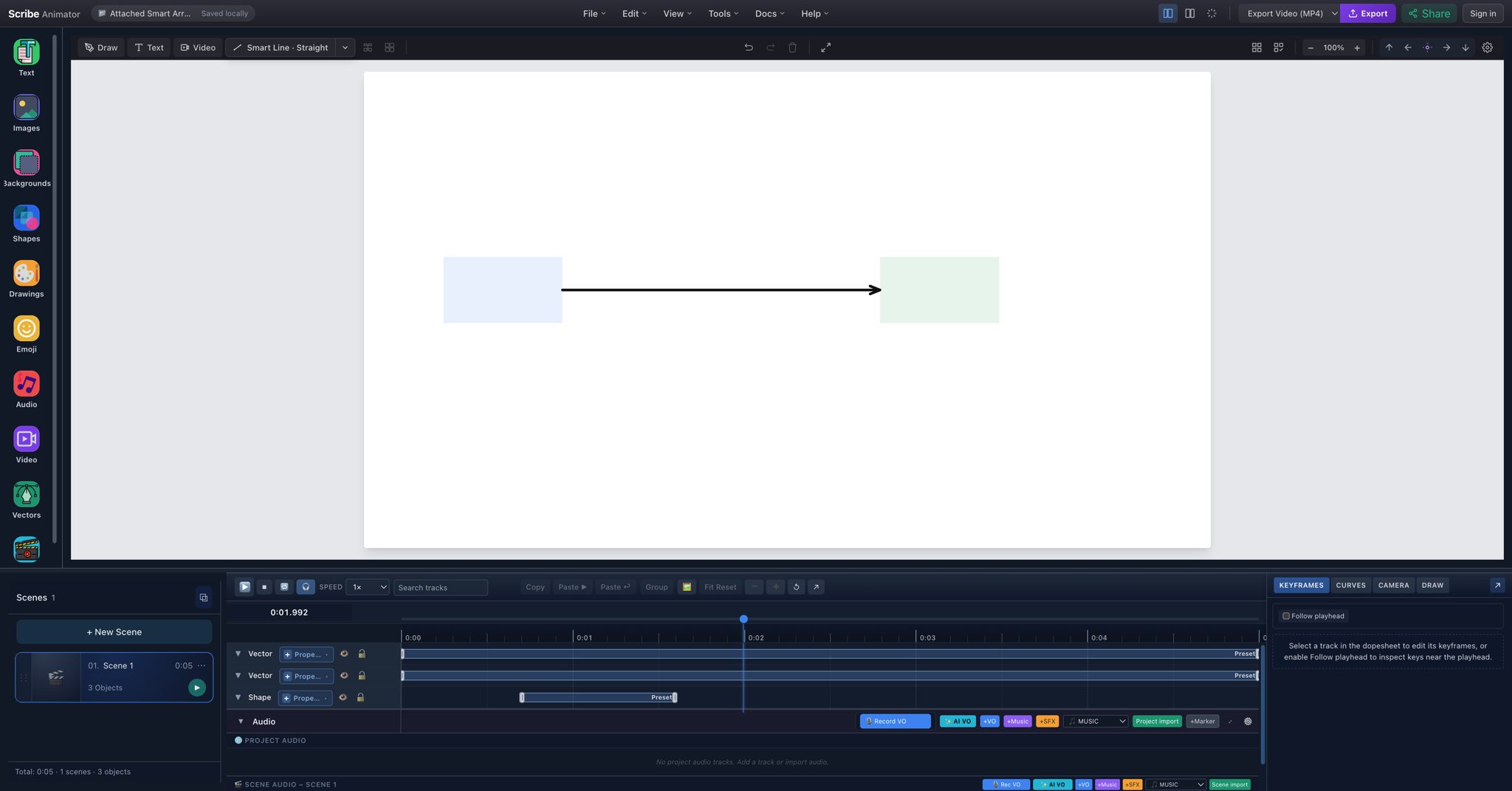 The canonical attached Smart Arrow fully revealed between two rectangles in the Scribe Desktop canvas