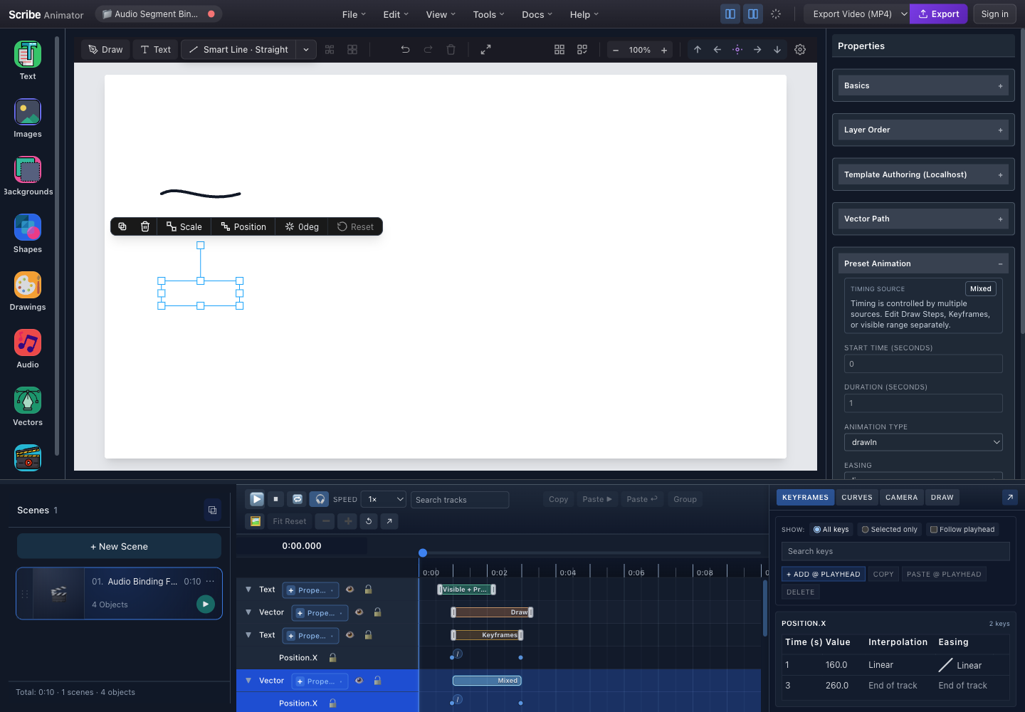 Scribe Animator Desktop showing one selected vector with Draw In, property keyframes, Draw Steps, and a visible Mixed timing-source state