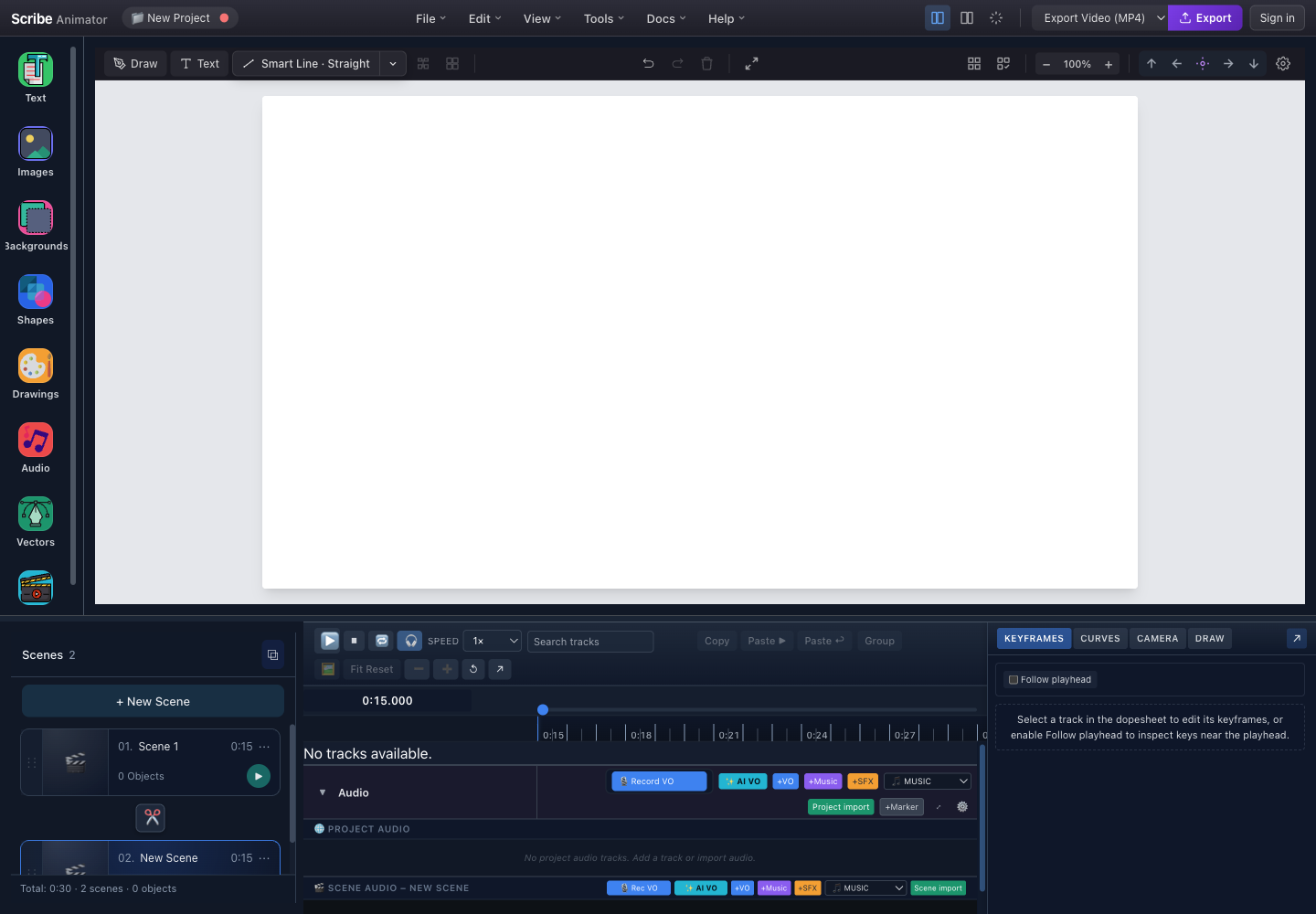 Scribe Animator scene manager showing two ordered scenes and the global timeline