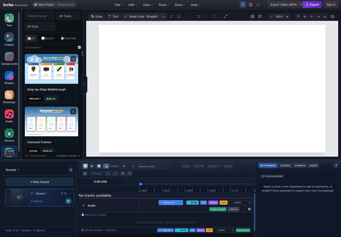 Scribe Animator template library showing reusable scene templates in the editor