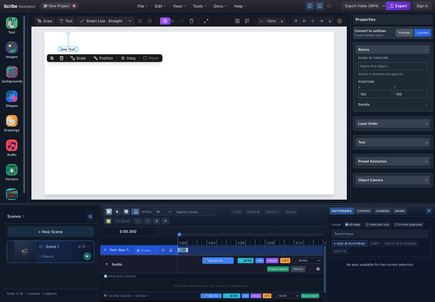 Selected text in Scribe Animator with the canvas, contextual toolbar, Properties inspector, and timeline track visible