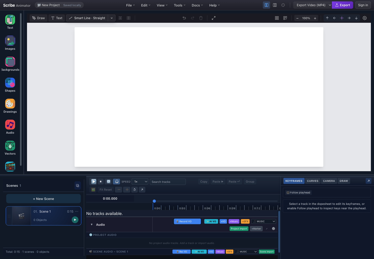 Scribe Animator Desktop workspace with the asset library, canvas, scene manager, timeline, audio lanes, and Properties inspector