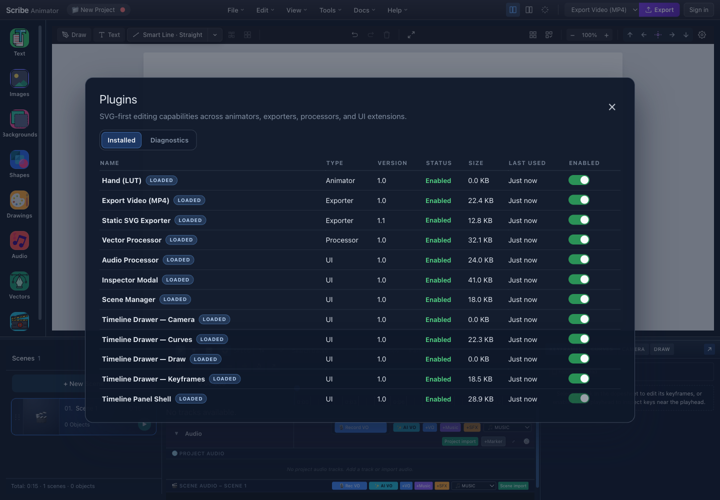 Scribe Animator Plugin Manager showing installed capability rows and enabled switches