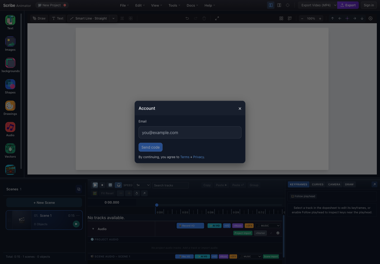 Scribe Animator Account sign-in modal with numbered email, Send code, Terms, Privacy, and close controls
