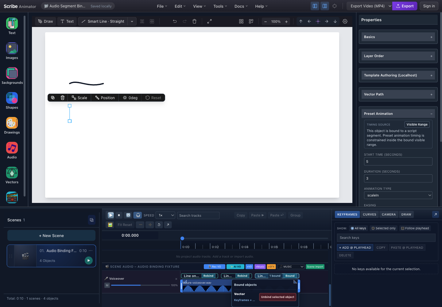 Real Scribe Animator editor after binding a mixed object, showing Visible Range timing, Rebind, Bound, a bound count, strategy, and Unbind selected object