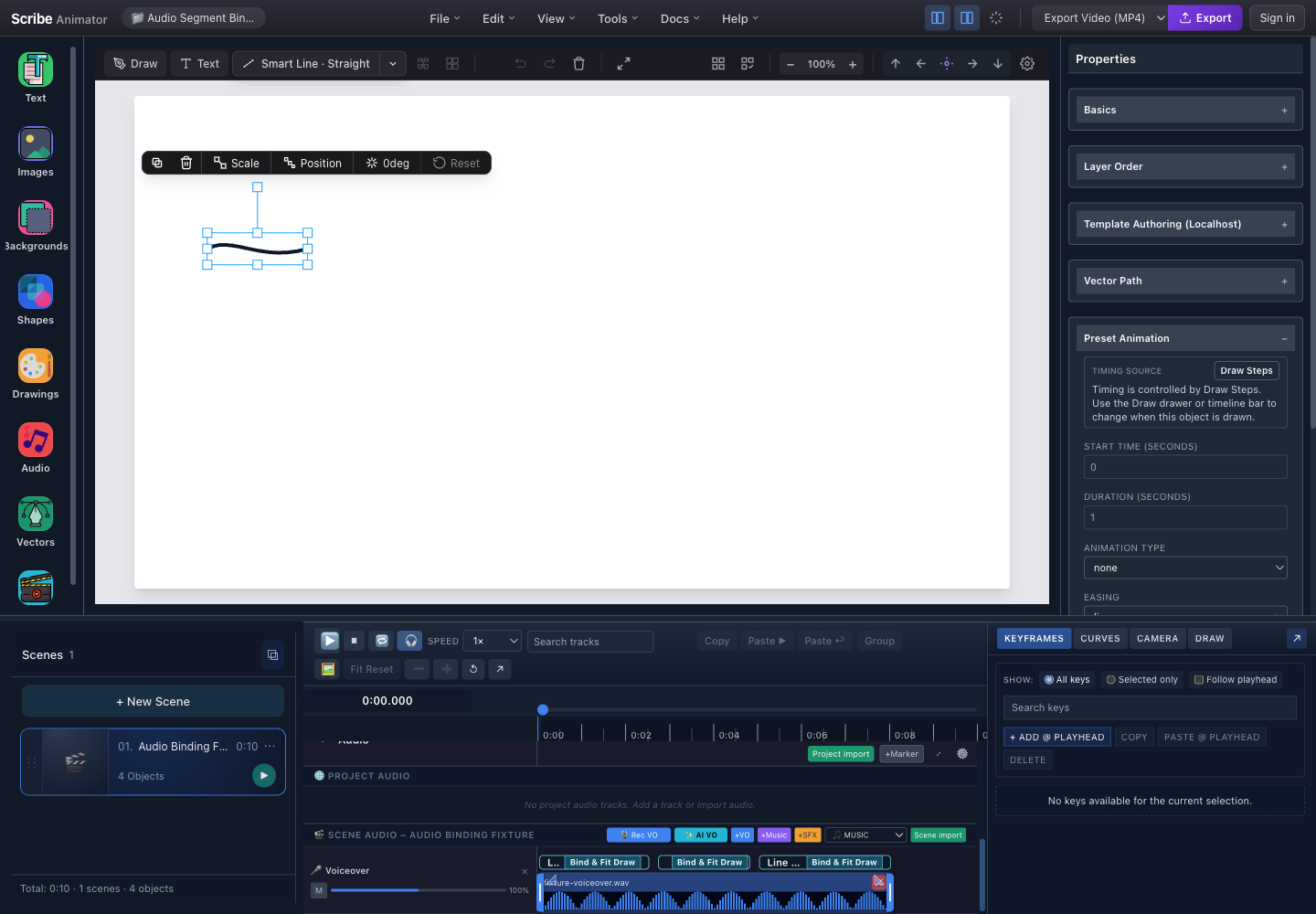 Real Scribe Animator editor with a drawable vector selected, Timing Source Draw Steps, and Bind and Fit Draw actions over voiceover segments