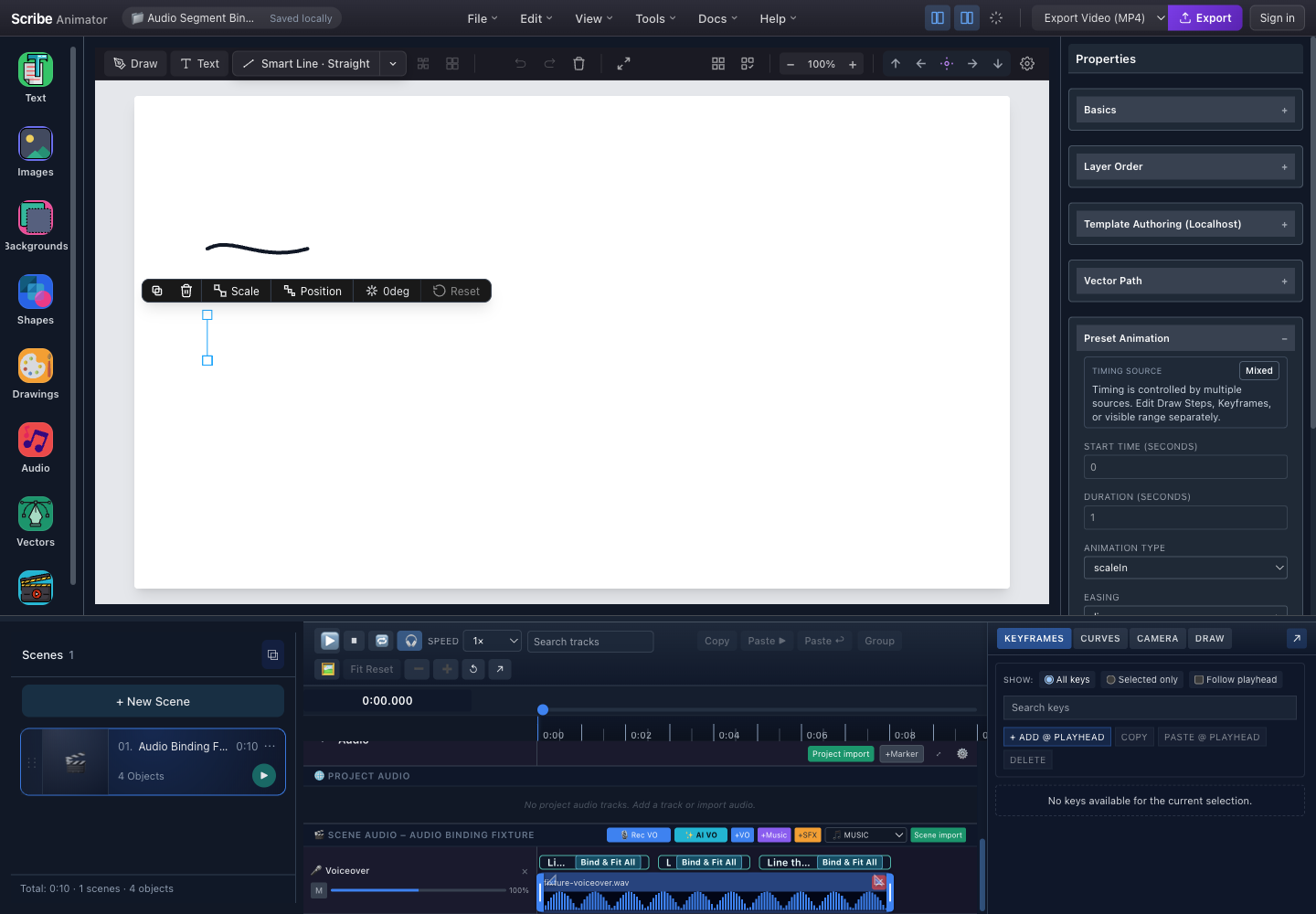 Real Scribe Animator editor with a selected mixed-timing vector and three voiceover script segments offering Bind and Fit All