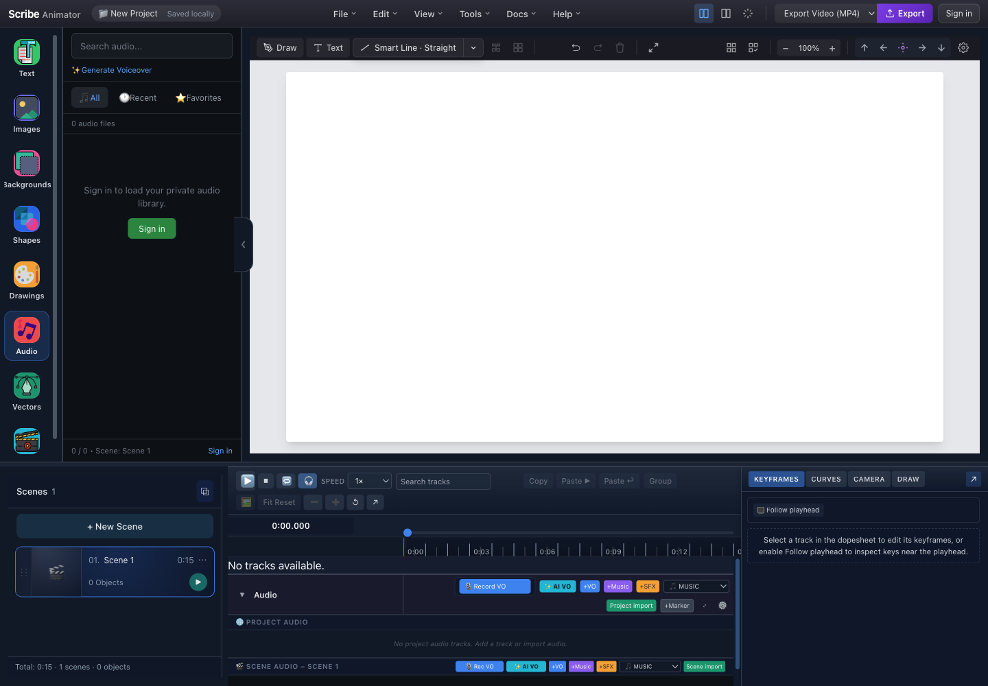Scribe Animator Desktop with the Audio library open and the project and scene audio lanes visible