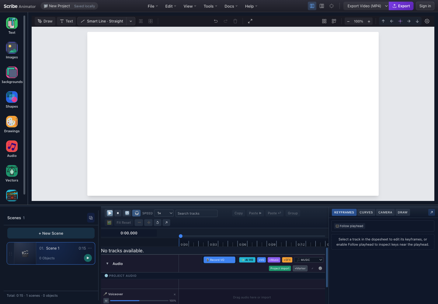 Scribe Animator Desktop with a new project Voiceover audio track in the timeline