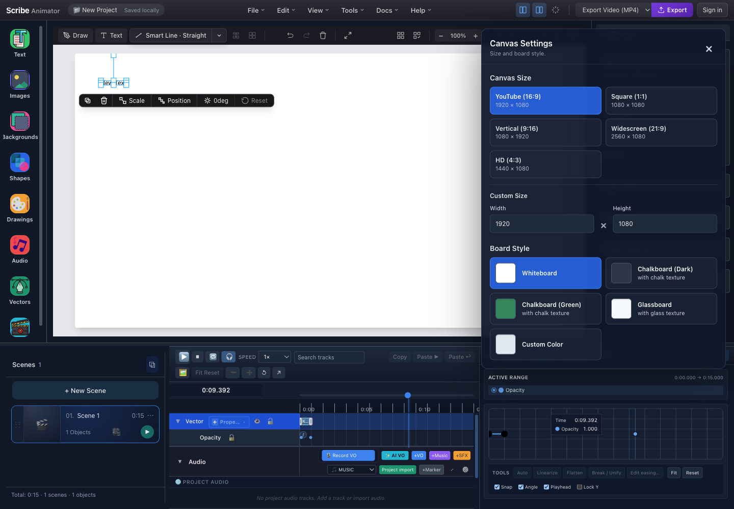 Scribe Animator Desktop with the complete Canvas Settings panel showing size presets, custom dimensions, and board styles