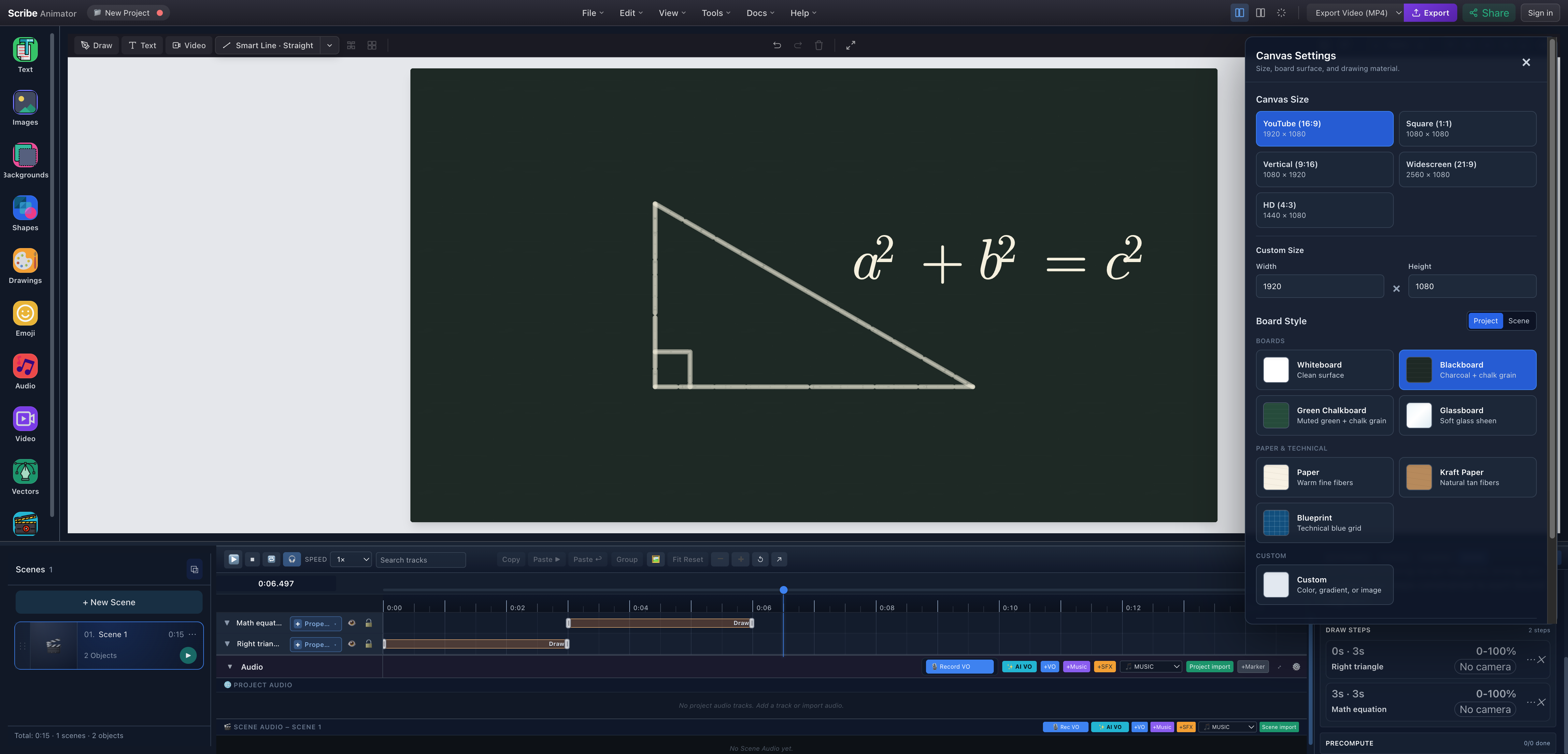 Scribe Animator Canvas Settings with Project, Blackboard, and Chalk selected over a real Pythagorean theorem scene