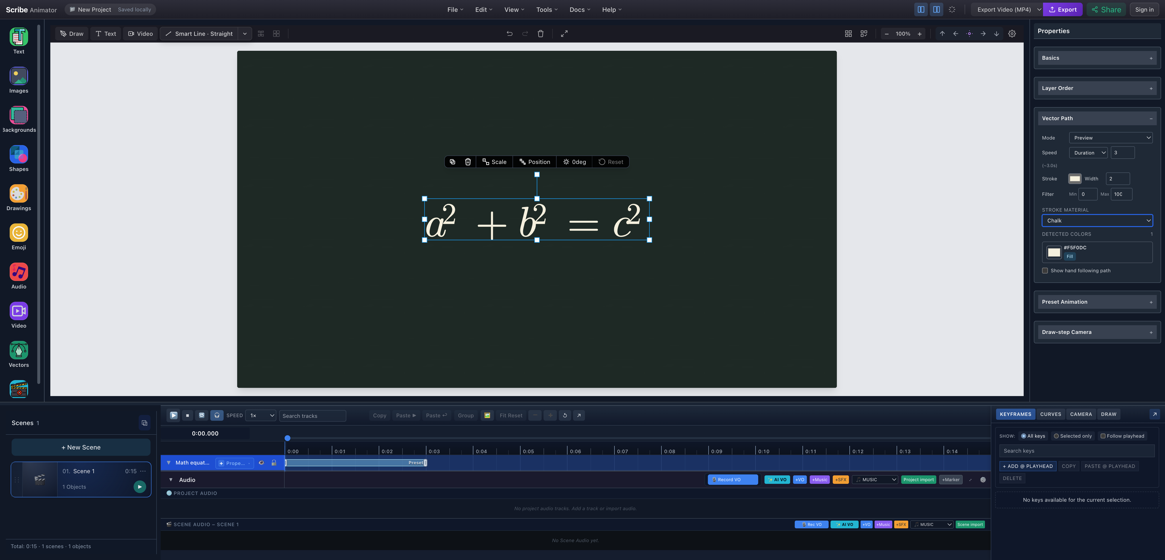 Scribe Animator equation selected on Blackboard with Vector Path Stroke Material set to Chalk and detected warm-white color
