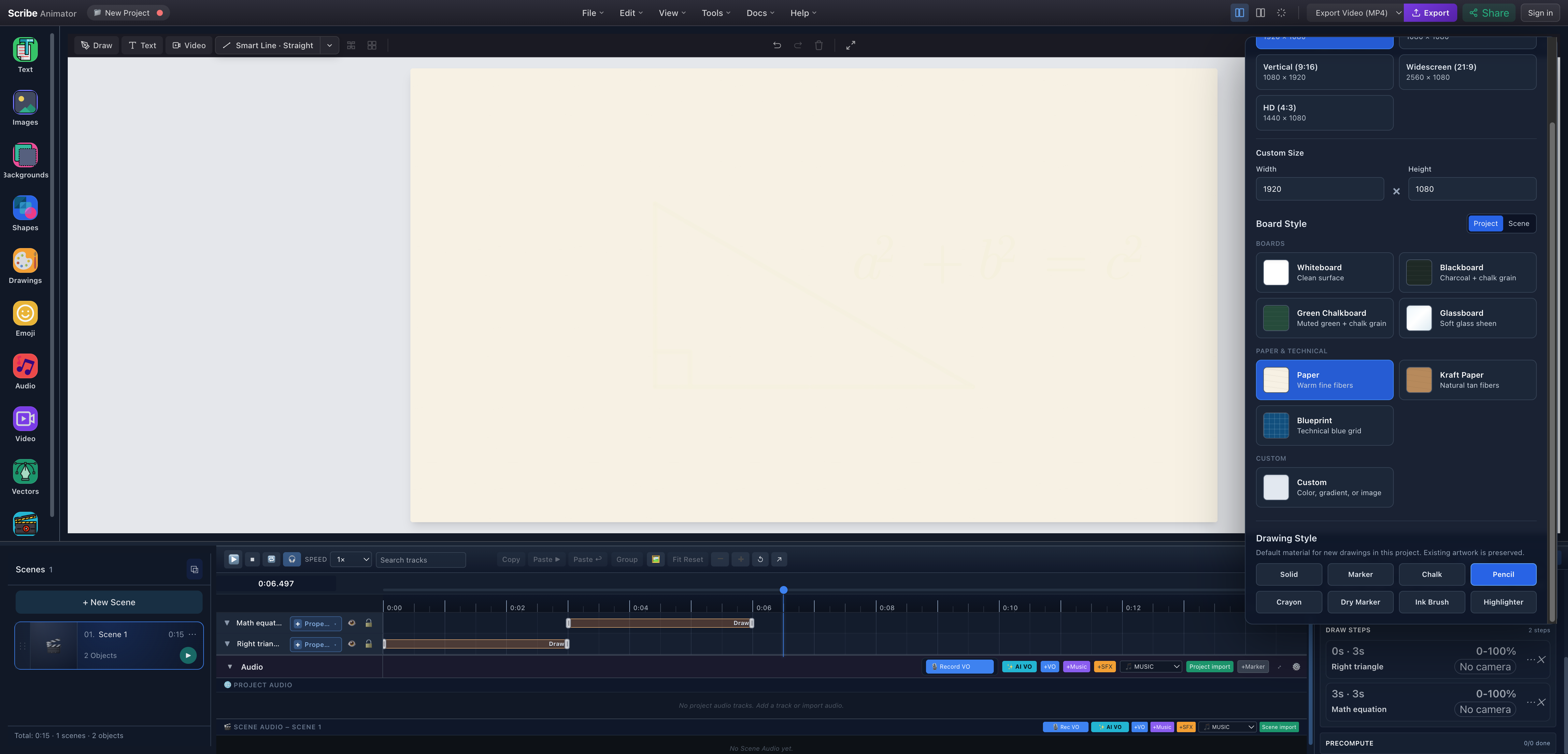Scribe Animator Canvas Settings with the Paper surface and Pencil drawing style selected