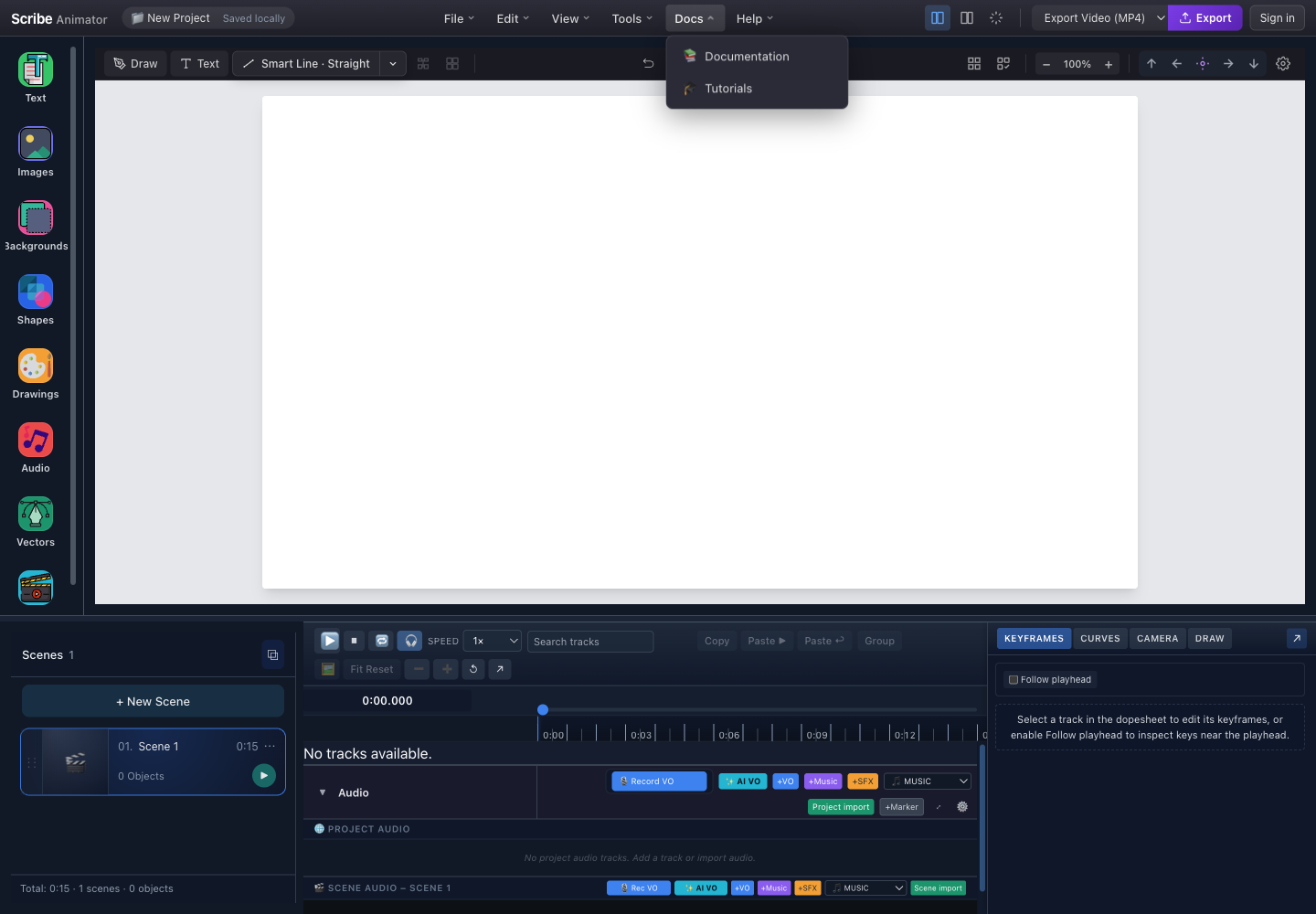 Scribe Animator desktop editor with the real Docs menu open, showing Documentation and Tutorials
