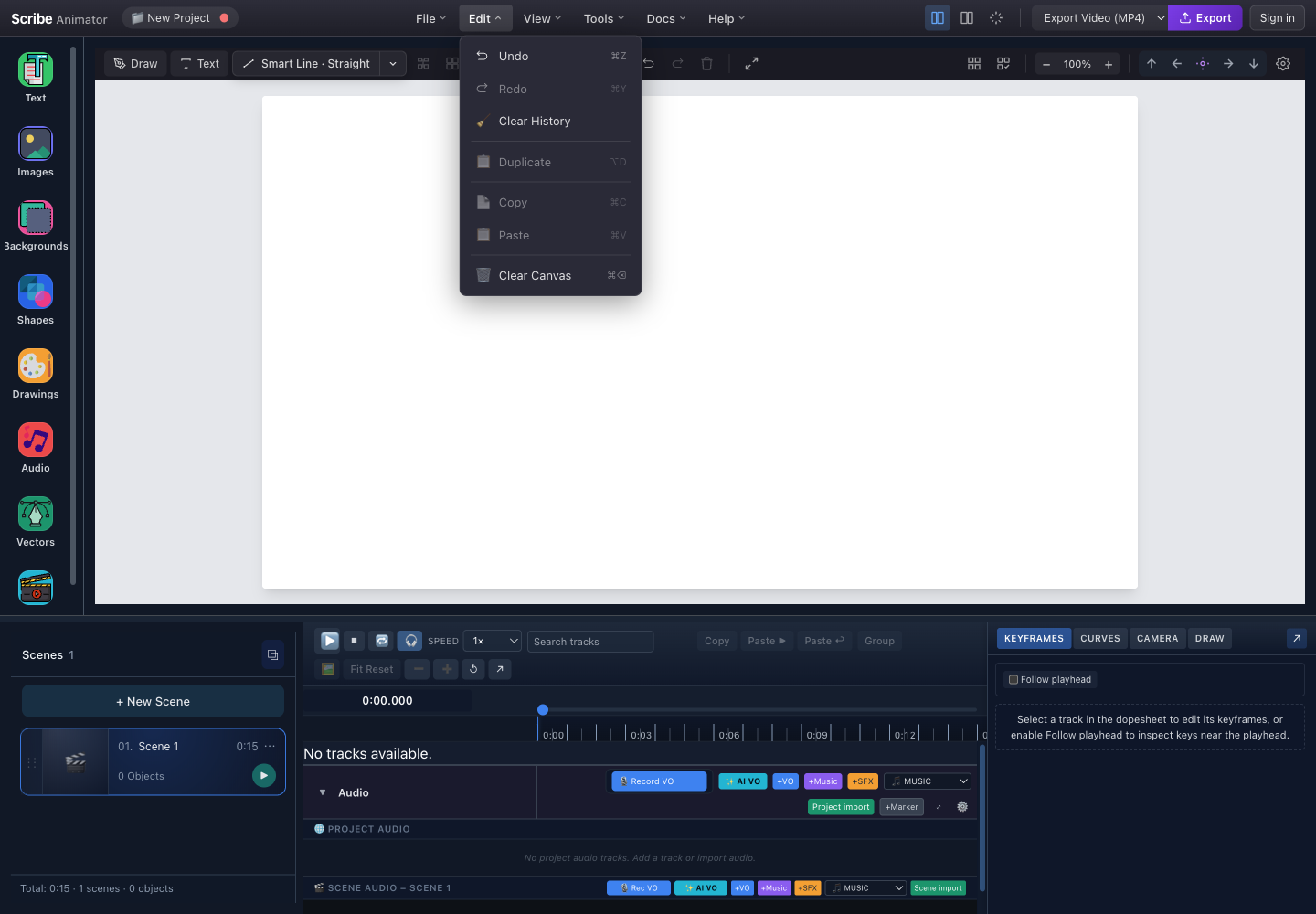 Scribe Animator Edit menu showing undo, redo, history, duplicate, clipboard, and clear-canvas commands