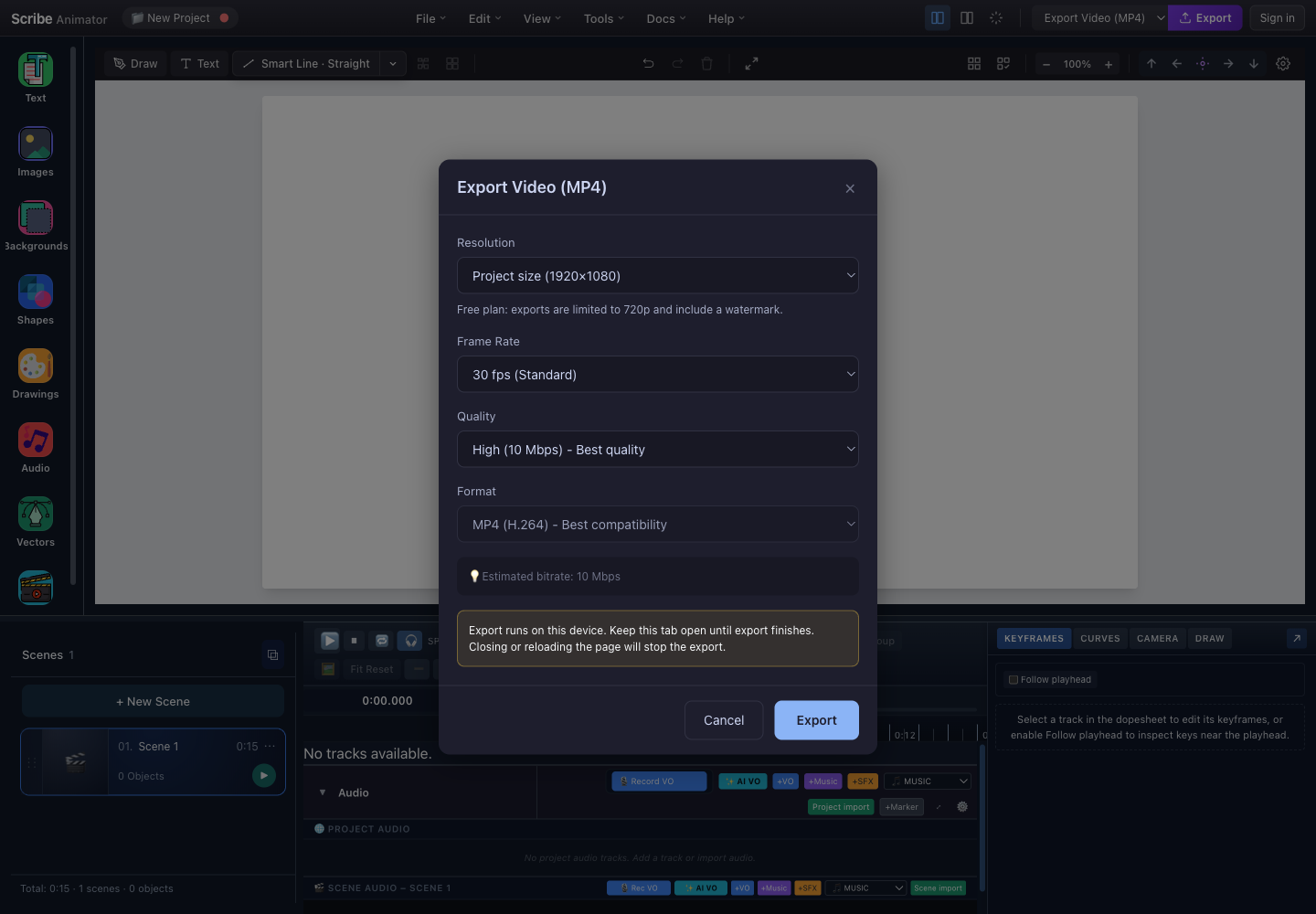 Scribe Animator desktop video export dialog with numbered resolution, frame-rate, quality, format, estimate, device warning, and export controls