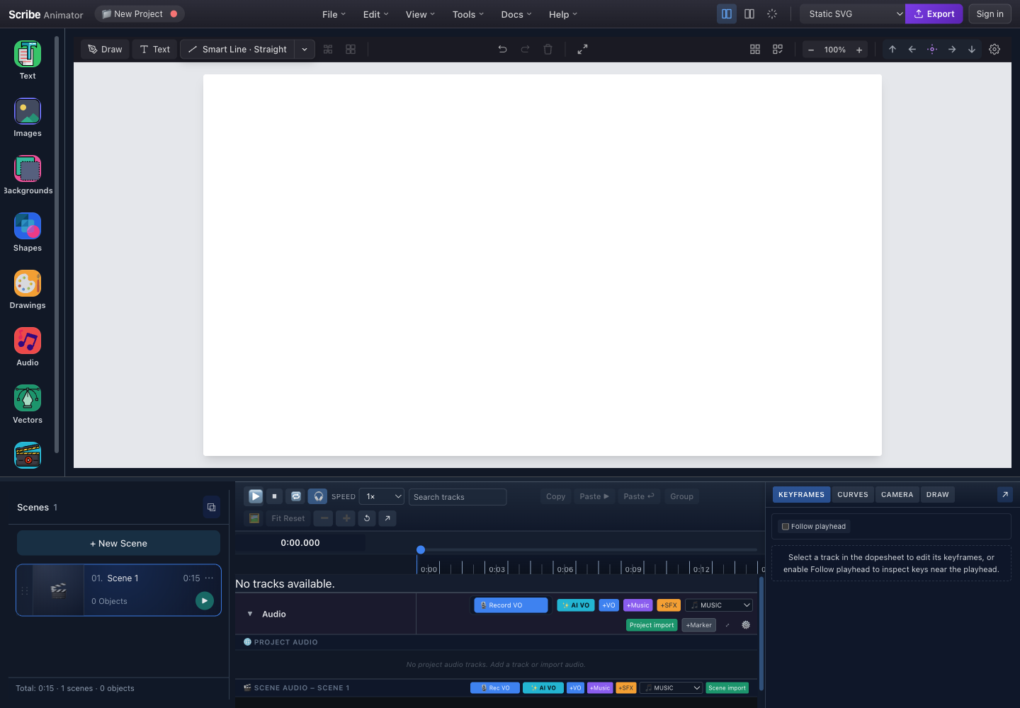 Scribe Animator desktop editor with Static SVG selected in the exporter selector and the Export action highlighted