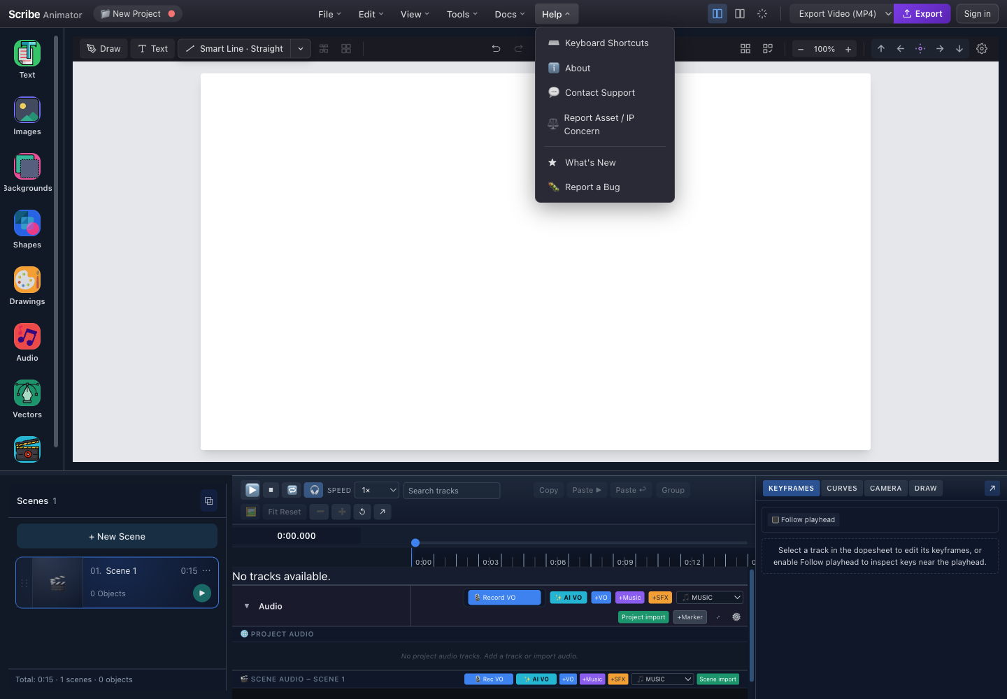 Scribe Animator Help menu with numbered Keyboard Shortcuts, About, Contact Support, asset concern, What's New, and Report a Bug actions