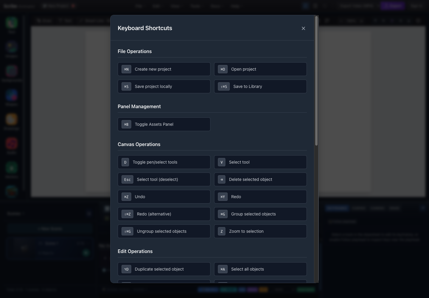 Scribe Animator Keyboard Shortcuts modal with numbered file, panel, canvas, and edit sections