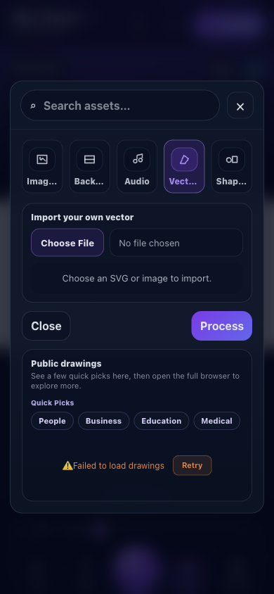 Mobile Lite Assets sheet with numbered failed public drawings status, Retry button, local import controls, and close action