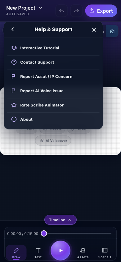 Mobile Lite Help and Support menu with Interactive Tutorial, support, reporting, rating, and About actions