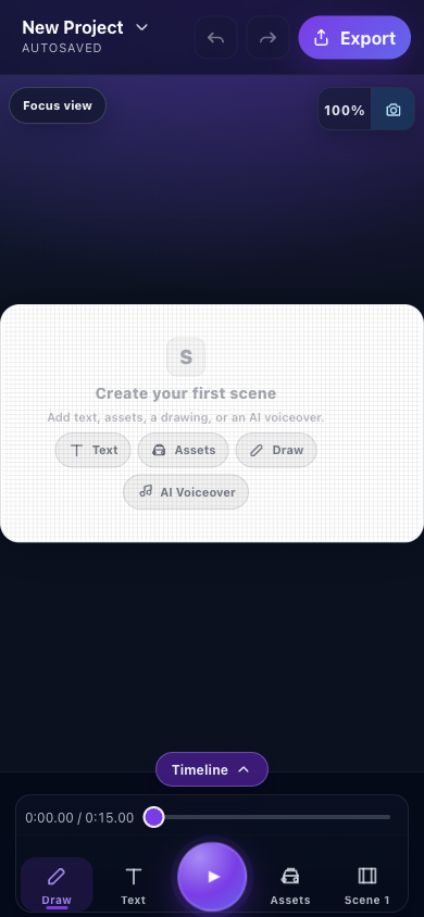 Mobile Lite editor with a blank canvas, project menu trigger, canvas actions, timeline, and bottom navigation