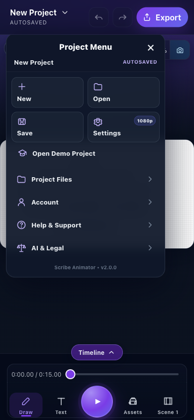 Mobile Lite Project Menu showing New, Open, Save, Settings, project files, account, Help and Support, and legal entries