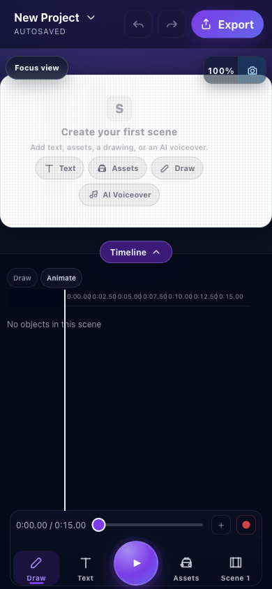 Mobile Lite editor with the timeline dock expanded in an empty scene