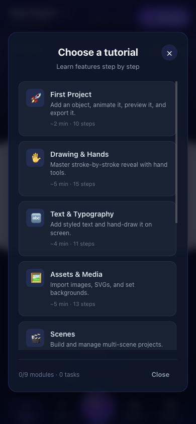 Mobile Lite Choose a tutorial dialog with module cards, estimates, step counts, scrolling, progress summary, and Close action