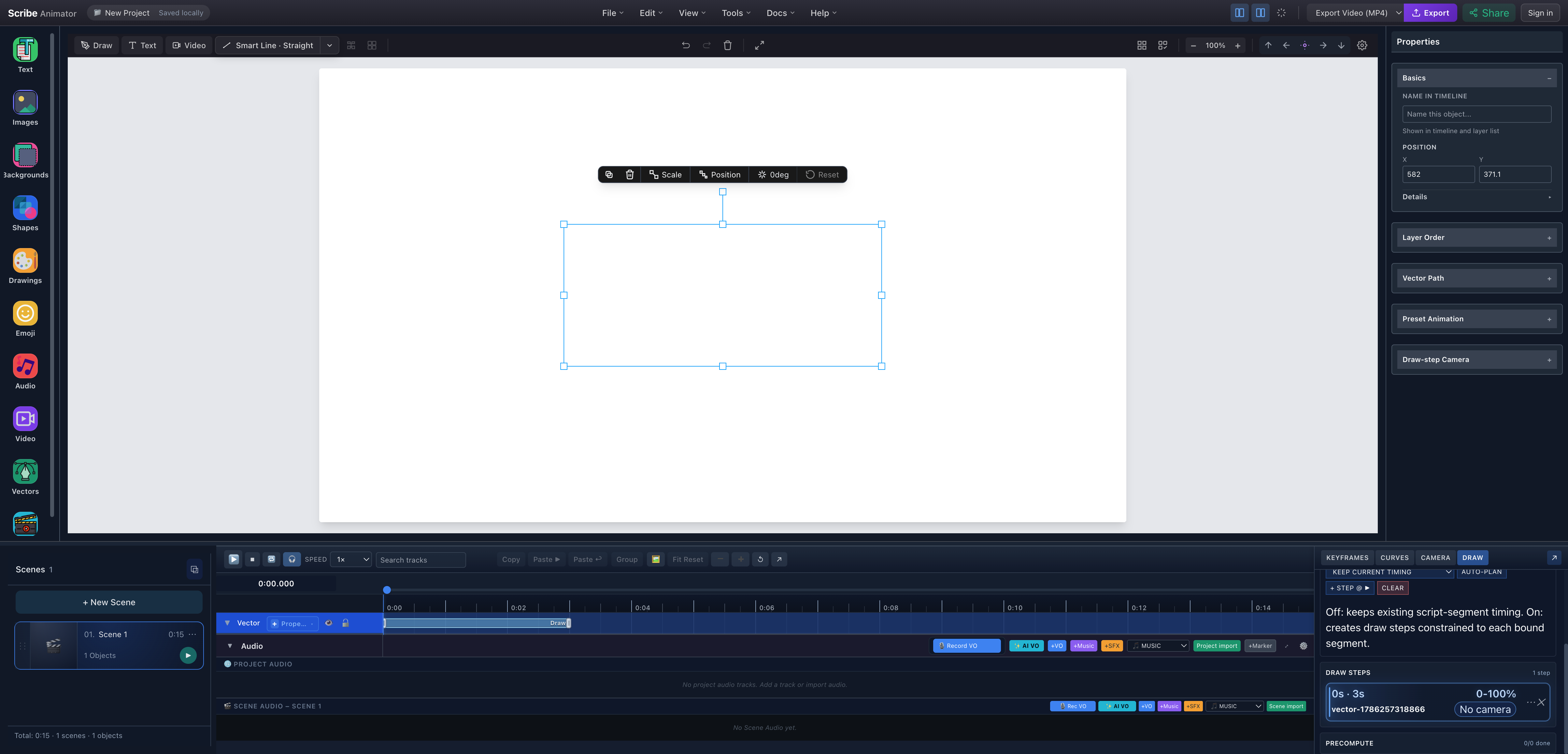 Scribe Animator timeline at zero seconds with the selected SVG hidden and a zero-to-three-second Draw Step visible