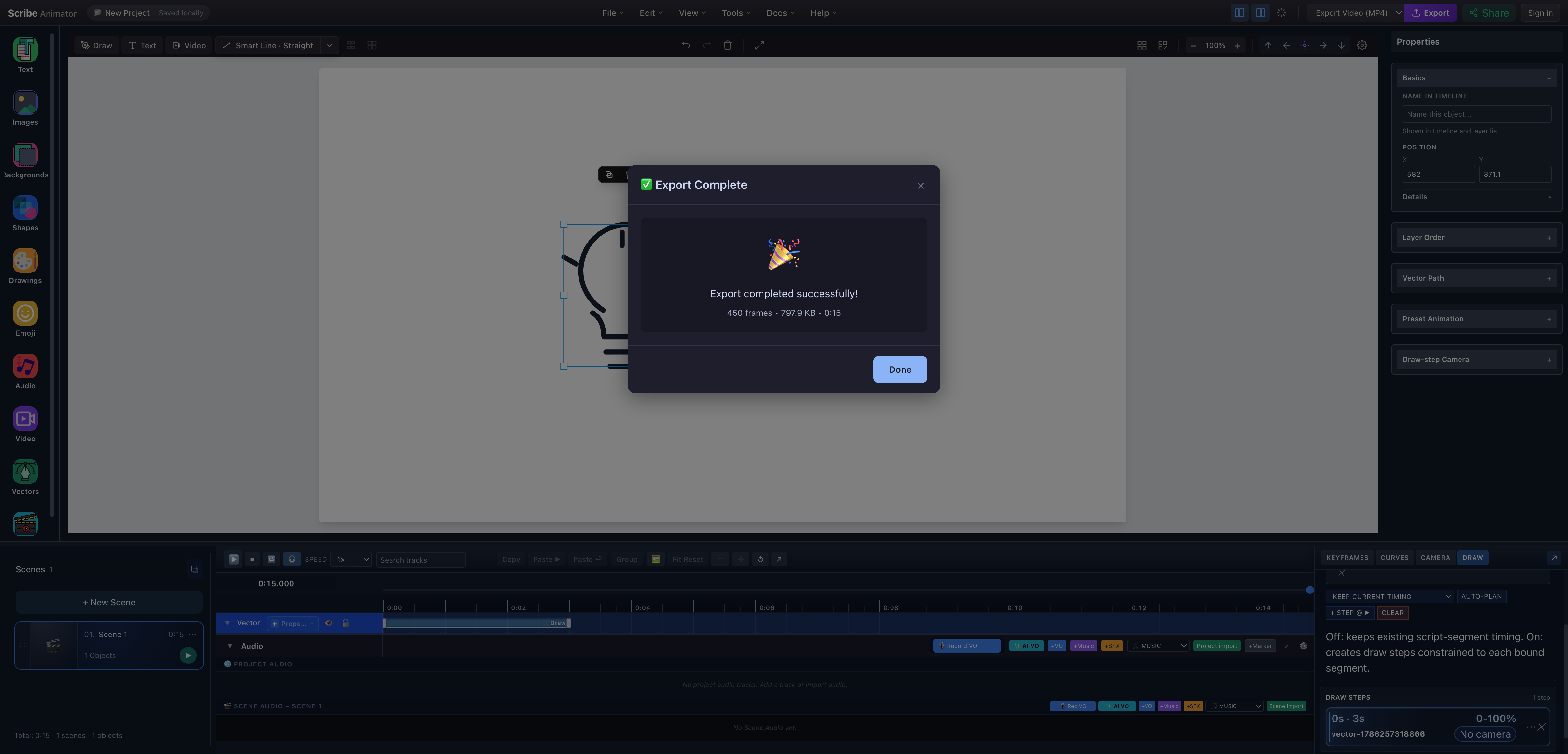 Scribe Animator Export Complete dialog reporting 450 frames, 797.9 kilobytes, and 15 seconds