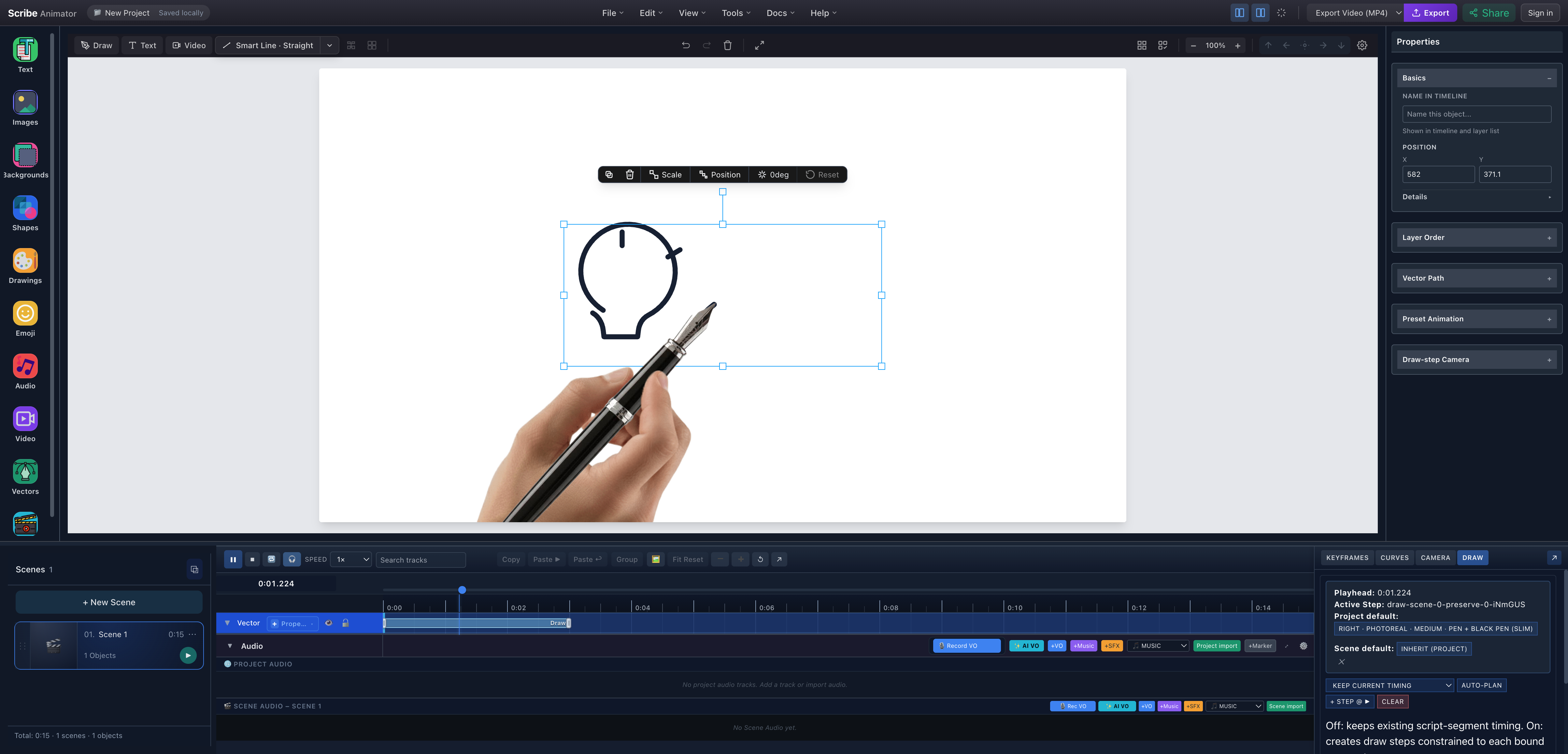 Scribe Animator preview at 1.224 seconds with a real hand drawing the partially revealed lightbulb SVG