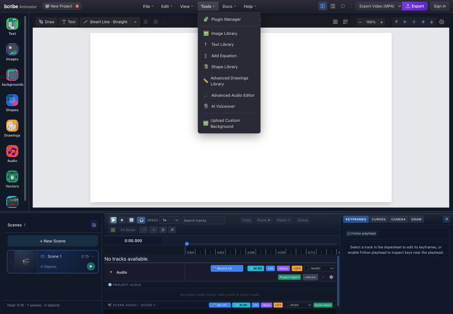 Scribe Animator Tools menu showing plugin, asset, equation, drawing, audio, voiceover, and background actions