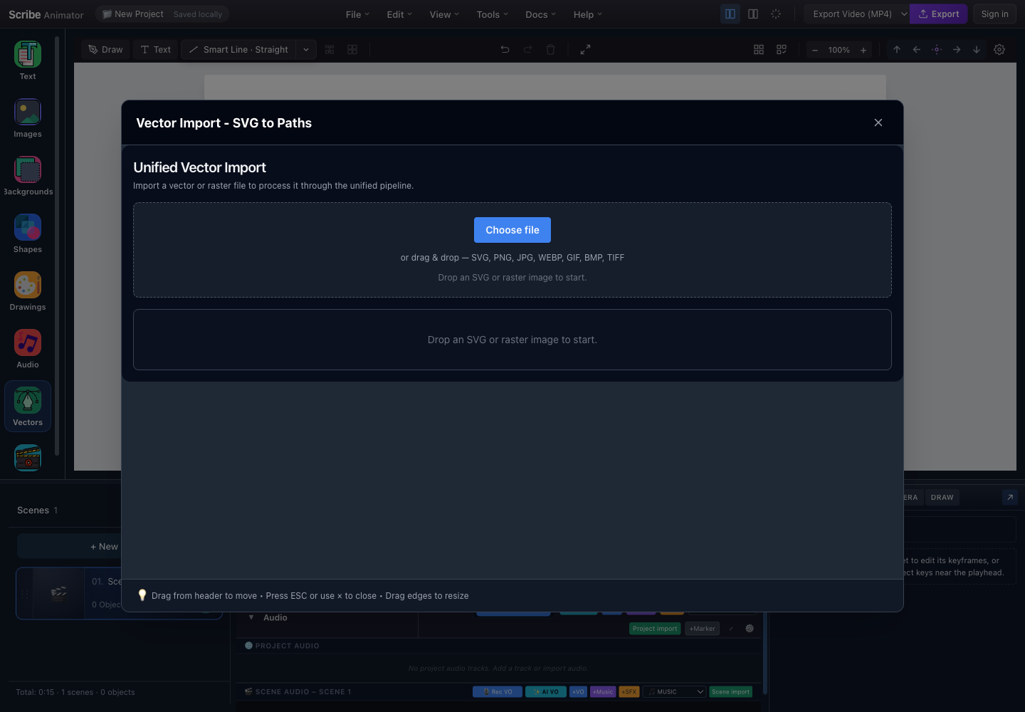 Scribe Animator Desktop Vector Import modal showing its file drop zone and preview area