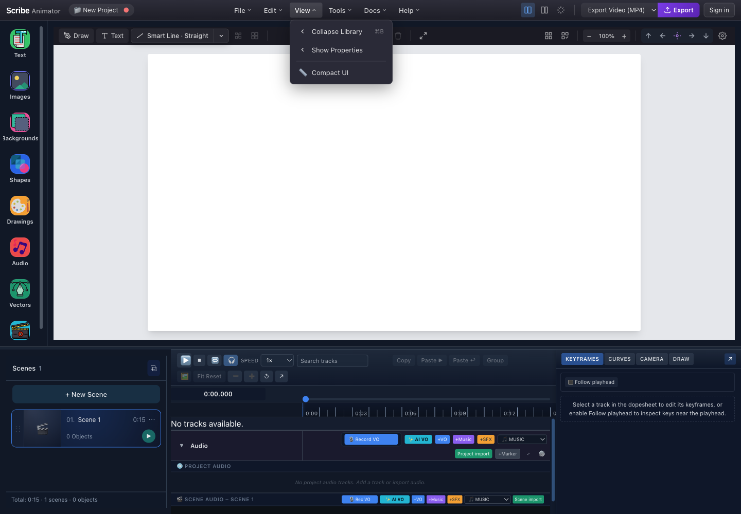 Scribe Animator View menu showing library, properties, and compact-interface controls